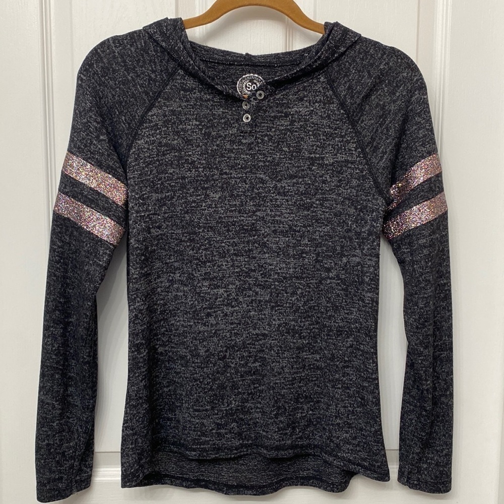 SO Long Sleeve Hooded Long Sleeve Shirt Sparkly Stripes Girls Size 14